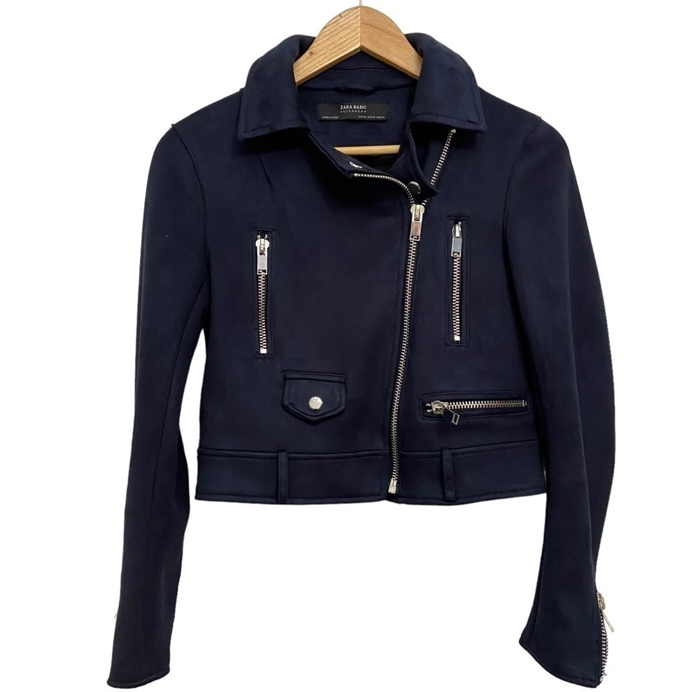 Bikercore Moto Jacket Cropped Faux Suede Navy Blue Silver Zip XS Zara biker